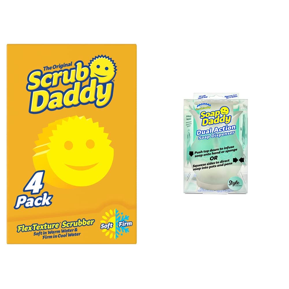 Scrub Daddy Especial Limpieza Esponja 4 Unidades & Dispensador de jabón Recargable para la encimera de la Cocina y el baño. Doble acción con Laterales de fácil Agarre, Multiusos, 1 Unidad