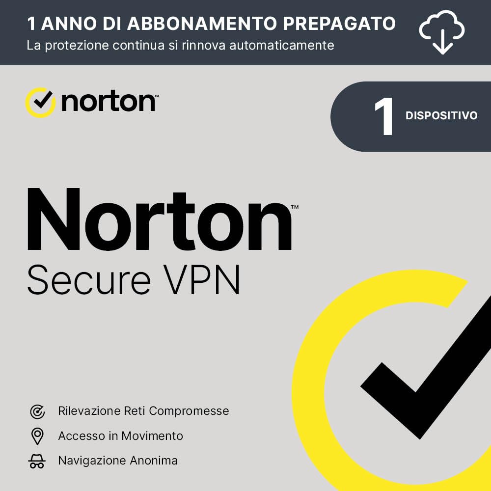 Norton Secure VPN 2024 | 1 Dispositivo| Licenza di 1 anno con rinnovo automatico | PC/Mac/Android/iOS | Codice d'attivazione via email