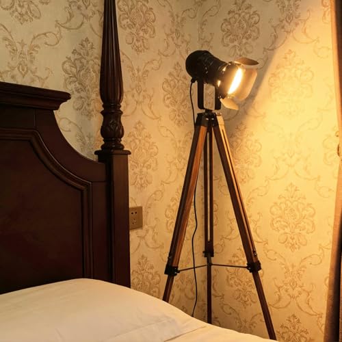 Industrial Tripod Floor Lamp for Living Room Weather Wood Standing Large Lighting Black Adjustable Cinema Metal Lampshade Studio Lights E27 Socket Retro Torchier Lamps for Bedroom Office Reading Light