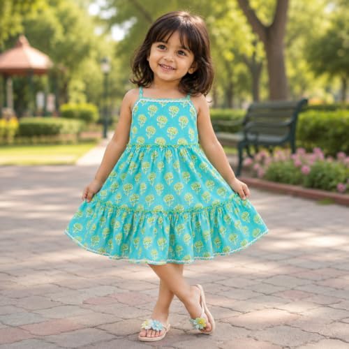 Image of The Magic Wand Kids Girls Printed Casual Dresses, Knee Length Singlet Strap Fit & Flared Cotton Once Piece Stylish Frocks for Summer Season