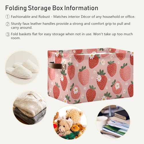 Image of Aslsiy Storage Basket - Fresh Strawberry Pink Nursery Bins Baby Box Canvas Clothes Shelf Laundry Hamper Gift Basket for Home Closet - 1 Pcs