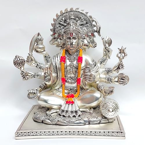 Image of Gold Art India Silver Plated Matte Panchmukhi Hanuman Idol | Bajrang Bali Murti for Mandir | with Enamel Work Showpiece Figurine for Home Temple, Gifting(23L x 18W x 23H cm) (SILVERMATTE)