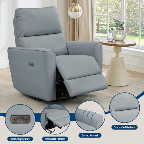 Image of GarveeHome Power Recliner Chair, 270 Swivel Rocking Glider with USB Charging Port, PU Leather Upholstered Fabric, Ergonomic Modern Nursery Chair for Living Room, Bedroom, Nursery (Gray)