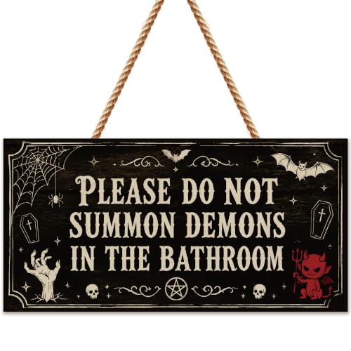 Image of Halloween Decorations - Funny Wooden Sign for Wall Home Door Bathroom | Spooky Demons Warning Hanging Sign Decor - Halloween Wreaths| Halloween Party Favors Supplies for Wall Door Decor