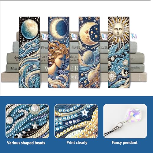 Image of 4-Piece Diamond Painting Bookmarks Set for Adults - Sun, Moon, and Waves Design DIY 5D Rhinestone Diamond Art Bookmark Kits with Tassels, Beautiful Diamond Art Bookmarks for Crafts Gifts