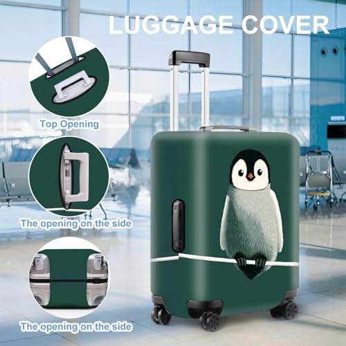 Image of Cute Penguin Luggage Cover - Fun Animal Travel Suitcase Protector with Deep Green Background - Stretchable Anti-Scratch Cover for 20-22 Inch Luggage,S