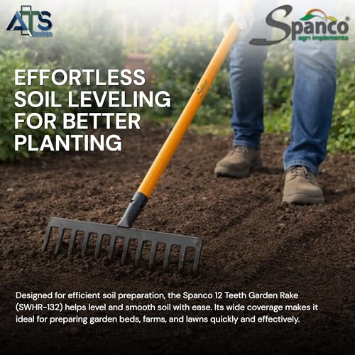 Image of Spanco Heavy Duty Garden Rake (10 Teeth) with Long Handle for Quick Clean Lawn | Garden Leaf and Garbage Hand Cultivator | Garden Rake for Grass (SWHR-130)
