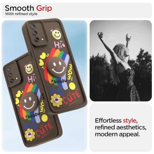 Image of Pikkme Back Cover for Oppo F19 / F19s | Soft Silicone| Cute Rainbow Smile & 3D Cartoon Flower Design | Shockproof Raised Camera Protection Bumper Case (Brown)