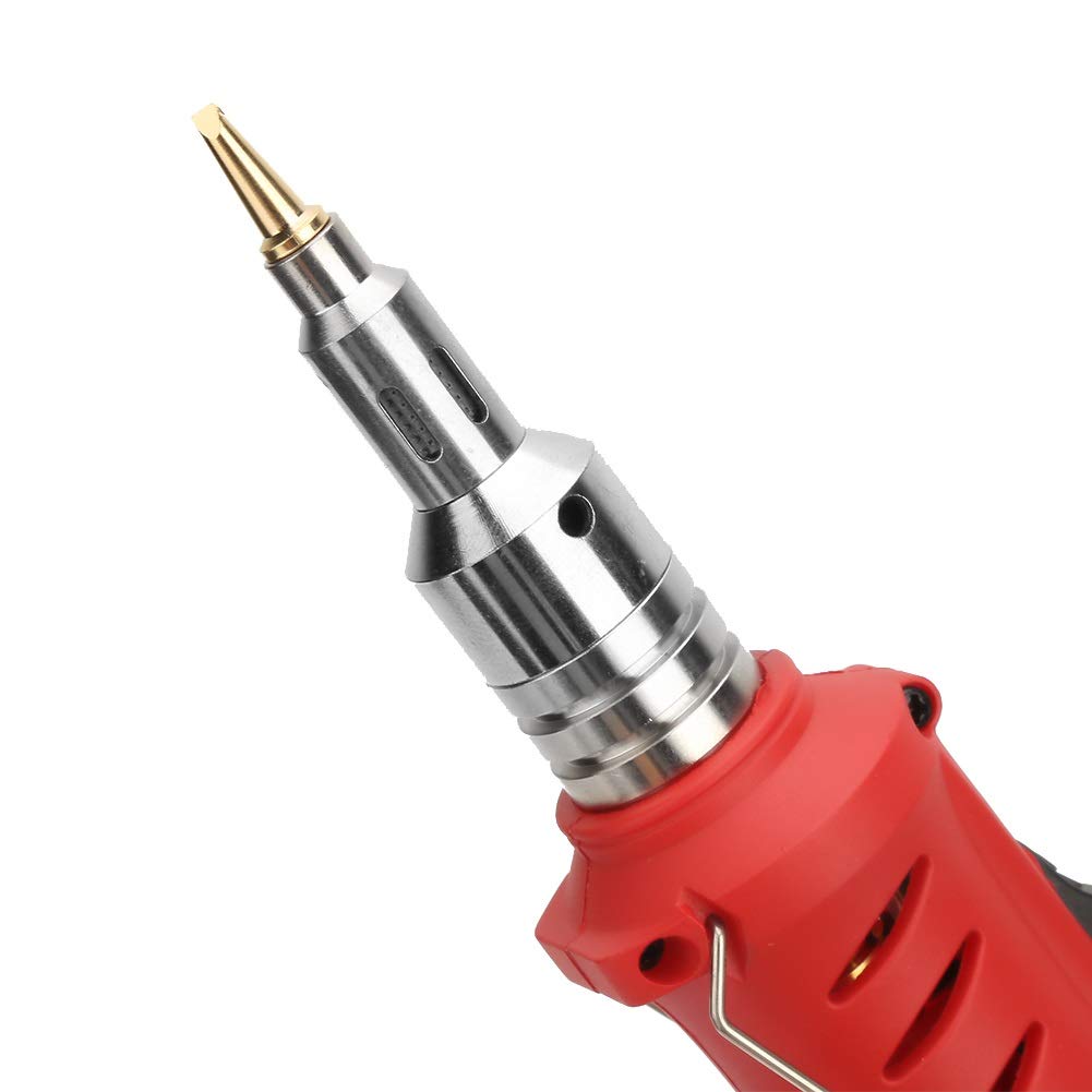 BiuZi Lutownica gazowa 1 zestaw HS-1115K wielofunkcyjny zestaw lutowniczy gaz butan 80-150 W bezprzewodowy zestaw lutowniczy gaz lutowniczy (czerwony, złoty) (kolor: Czerwony)