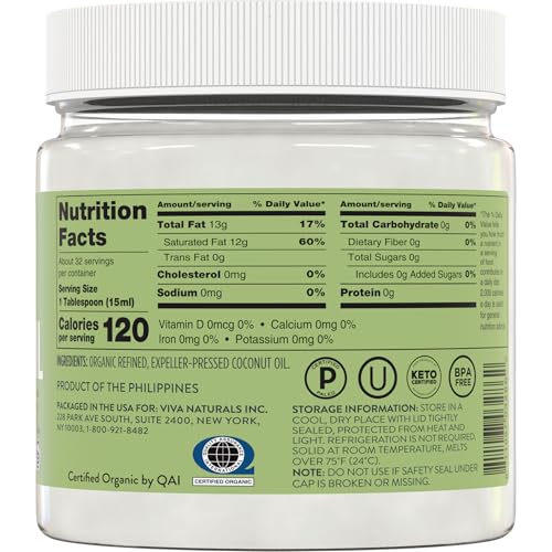 Image of Viva Naturals Refined Coconut Oil, 16 fl oz - Expeller-Pressed, USDA Organic, Neutral Flavor & Aroma, Ideal for Cooking, Baking, Hair & Skin Moisturizer