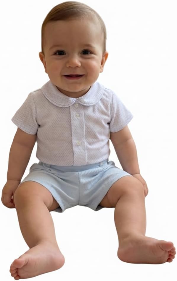 Baby Boy Outfit, Short Sleeve Knit Top with Button Shorts Set, Classic Style - Made in Spain