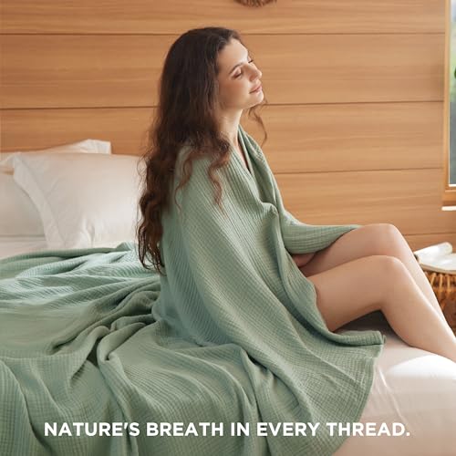 Bedsure 100% Cotton Muslin Throw Blanket Large 50x70 Inches - 4-Layer Breathable and Lightweight Thin Soft Summer Gauze Muslin Blankets for Adults, Sage Green, Boho Cotton Throw for Couch