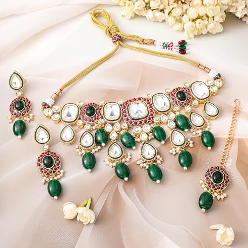 Image of Rubans Necklace Maangtikka Set Gold Plated Kundan & Pearl Jewellery Gift for Women & Girls