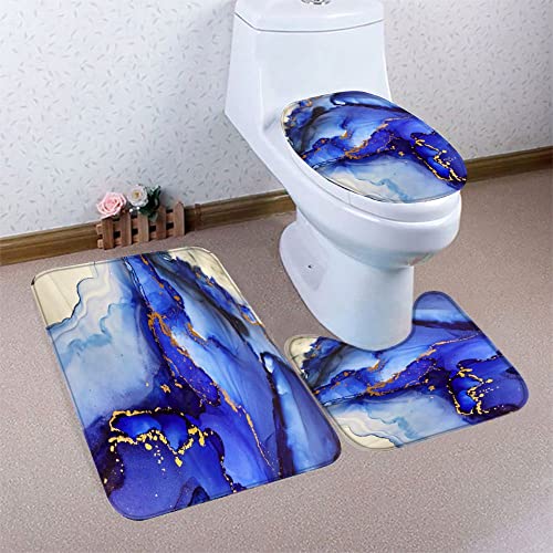 RLYXGS Marmor Badezimmermatten und Teppiche 3-Teiligs Set TüRkis Flanell Memory Foam rutschfeste Matten und Badteppich,Blau Toilettendeckelabdeckung,Badvorleger Badgarnitur WC Vorleger – Bild 3