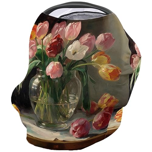 Nursing Cover for Breastfeeding Scarf, Oil Painting Floral Farmhouse Baby Car Covers Super Soft Multi Use for Canopy Shopping Cart Cover Blanket Stroller Cover