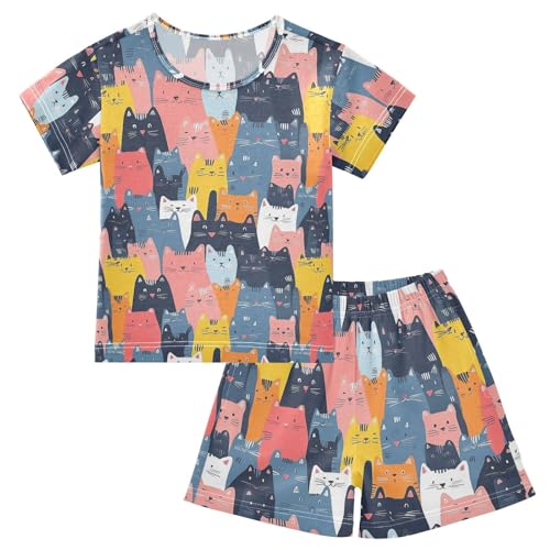 ALAZA Colored Cat Animal Kitten Pajamas Set Short Sleeve Cotton Sleepwear Summer Pjs 2 Piece 5-14Y