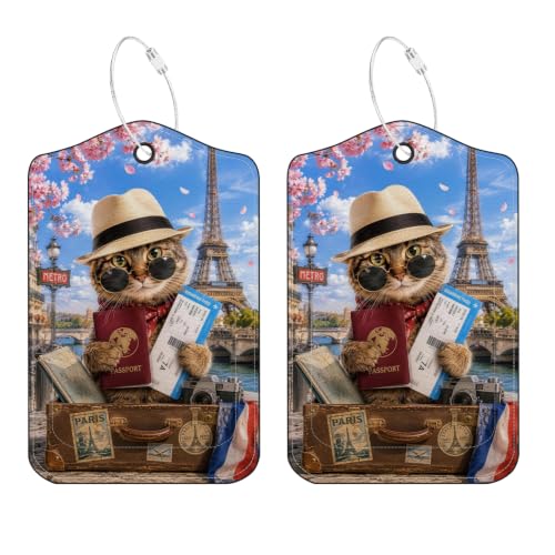 Image of Funny Cat Paris Luggage Tags 2 Pack, PU Leather with Privacy Cover