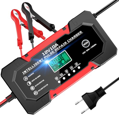 10A Autobatterie Ladegerät 12V intelligentes und automatisches Batterieladegerät Für LiFePO4 Blei-Säure AGM EFB Gel Batterien mit LCD Display Reparaturmodus Temperaturkompensation für Auto Motorrad