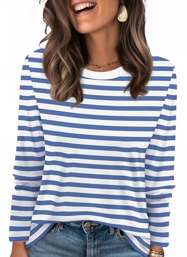 WIHOLL Womens Long Sleeve Striped Shirts Casual Fashion Crew Neck Pullover Tops Beach Vacation Outfits Color Block Blue and White Striped S