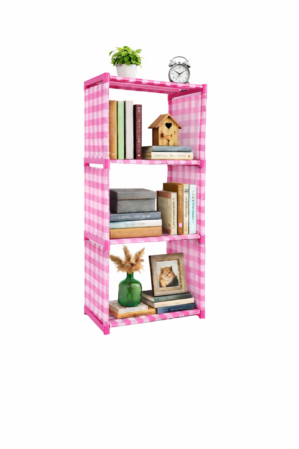 3 Tier Storage Shelf, Pink Checkered Pattern, Fabric Bookcase Organizer, Lightweight Display Rack-image-0