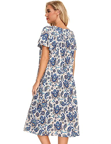 Image of Bloggerlove Mumu House Dress for Women with Pockets Short Sleeve Nightgowns | 15% Cotton, 80% Polyester, 5% Spandex, Floral Mumu House Dress, V-Neck, Short Sleeves, Midi Length, 2 Side Pockets, Lounging