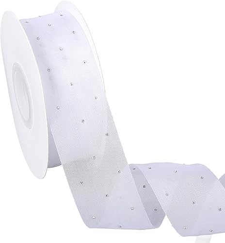 CABODYALS Ruban en Organza Blanc de 9.14 m et 40mm Tulle Transparent avec Pois A