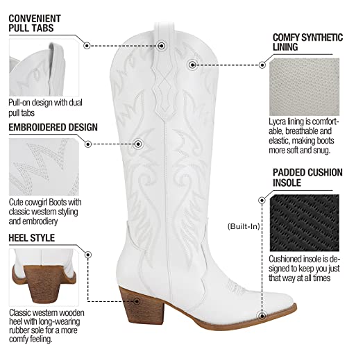 Image of Rollda Cowboy Boots for Women Cowgirl Boots Embroidered Knee-High Western Boots Pointy Toe with Chunky Heel