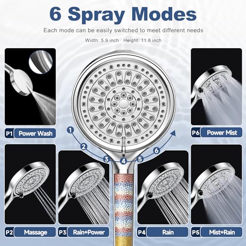 JITTGO 6 Inch Filtered Shower Head, 6 Spray Modes High Pressure Handheld Shower Head with Filter for Hard Water, Detachable Water Softener Showerhead with Hose, Chrome by JITTGO - Used condition - Image 3