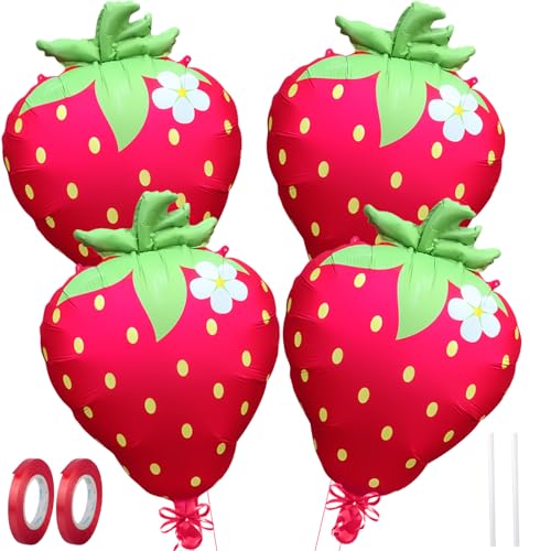 AxiyanX Strawberry Balloons 18 4Pcs - Foil Balloons for Strawberry Birthday Decorations & Baby Shower Decorations Durable foil Balloon Arch Kit Vibrant Strawberry Themed Party