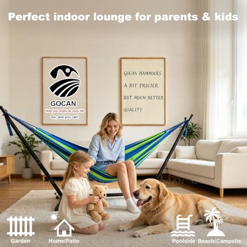 Image of GOCAN Brazilian Double Hammock 2 Person Extra Large 220x160cm Total Length 330cm Load 500lb Canvas Cotton Hammock for Patio Porch Garden Backyard Lounging Outdoor and Indoor(Blue /Green) XXL