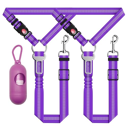 Seyezo 犬用カーハーネス3点セット - 格納式、調節可能、車のヘッドレスト用反射犬用シートベルト、高耐久性&高弾性、パープル（Amazon）