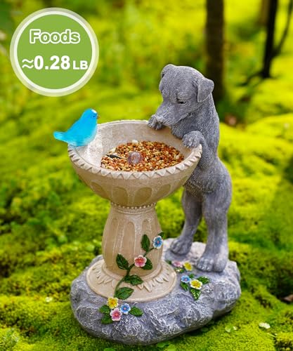 Goodeco Solar-Hundestatue mit Vogeltränke, wasserdichte Harz-Skulptur mit Solar-Vogellichtern, Garten-Hunde-Geschenke für Frauen/Mutter/Oma, Dekoration – Grau