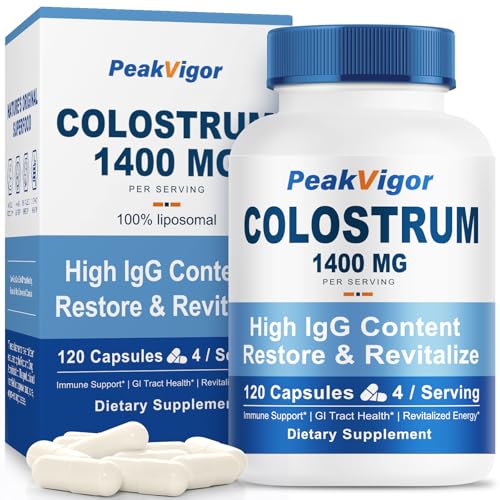 PeakVigor Organic Bovine Colostrum Capsules, 1400mg Colostrum Supplement Powder for Immune & Gut...
