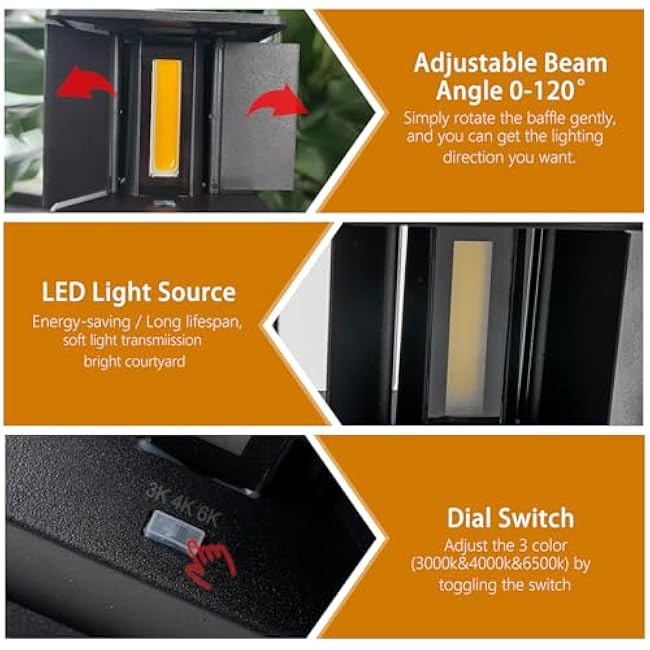 Nigaut Modern Outdoor Wall Light with 3 Modes(3000K&4000K&6500K), 15W IP65 Waterproof Aluminum Outdoor Wall Sconce for Porch with Adjustable Beam Angle LED Exterior/Interior Lighting Fixtures, 2-Pack