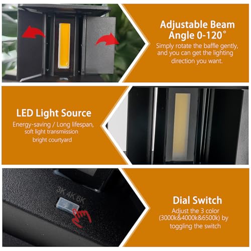 Nigaut 15W Modern Outdoor Wall Light with 3 Modes(3000K&4000K&6500K), IP65 Waterproof Aluminum Outdoor Wall Sconce for Porch with Adjustable Beam Angle LED Exterior/Interior Lighting Fixtures, 4-Pack