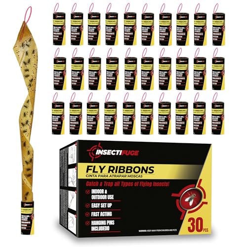 Insectifuge 30Pcs Fly Strips Indoor Sticky Hanging with Pins - Fast Acting Fly Paper Indoor for Home, Tape Outdoor, Fruit Catchers for Inside, Ribbon Sticky Traps for Home