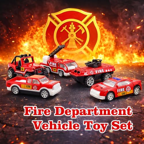 Image of Fire Truck Toy for Kids, Pack of 5 Diecast Metal Toy Cars with Free Wheel, Fire Engine, Fire Brigade Truck & Emergency Rescue Vehicle Toy Set, Birthday Gift for Boys & Girls