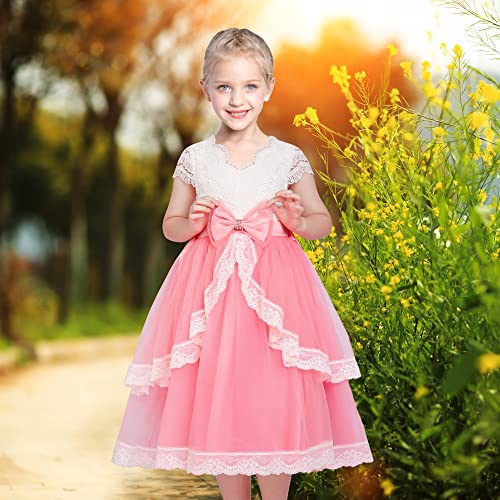 Sunny Fashion Flower Girls Dress Lace Pink Hollow Back Layered Ribbon Bow Tie3