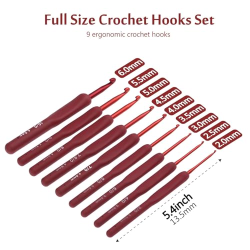 Image of VIRADHAM Crochet Hooks Set of 9 - Aluminum Crochet Needles with Soft Rubber Handles And Stitch Markers - Ergonomic Kit for Arthritic Hands - Comfortable Grip Yarn Craft Tools for All Skill Levels (Red)