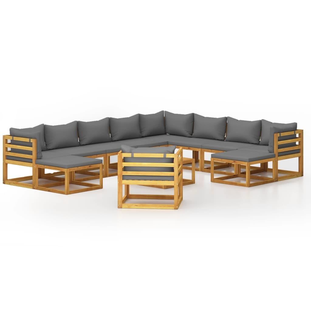 Juego de salón de jardín de madera maciza de acacia con cojines de asiento y respaldo extraíbles, incluye mesa de café con diseño de somier, conjunto modular para jardín