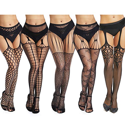 akiido High Waist Tights Fishnet Stockings Thigh High Stockings Pantyhose (5 Pairs Black Fishnet Tights-d1)