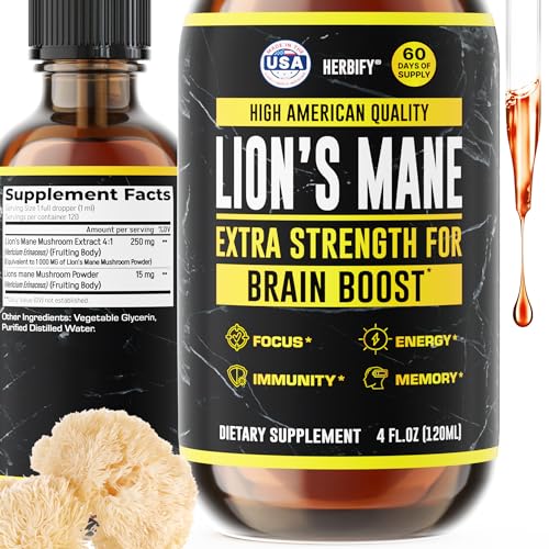 HERBIFY Lions Mane Supplement - Daily Mushroom Supplement for Memory, Focus & Clarity - Brain Booster - Lions Mane Tincture for Immune Support - 4 Fl oz