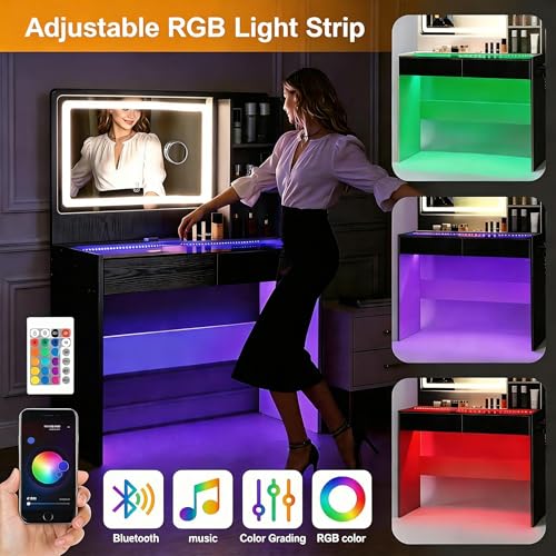 Image of Vanity Desk with Mirror and Lights, Makeup Vanity Table with Glass Top, RGB Light Strip, Adjustable Brightness, 2 Storage Drawers, Black Beauty Station for Women and Teen Girls