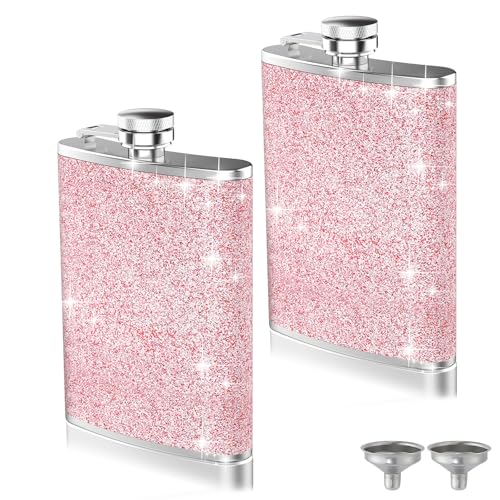 2-Pack 8 Oz Bling Hip Flasks for Liquor, Hianjoo Leakproof Thin Stainless Steel Flasks Camping Pocket Flask With Funnel for Girl Women, Portable Metal Flask for Wedding Groomsmen Bridesmaid Gift,Pink