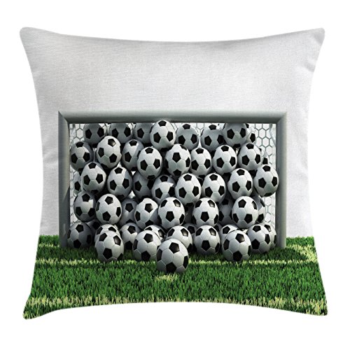 Lunarable Sports Throw Pillow Cushion Cover, Goal Net Full of Soccer Balls on The Green Football Field Schoolyard Victory, Decorative Square Accent Pillow Case, 26
