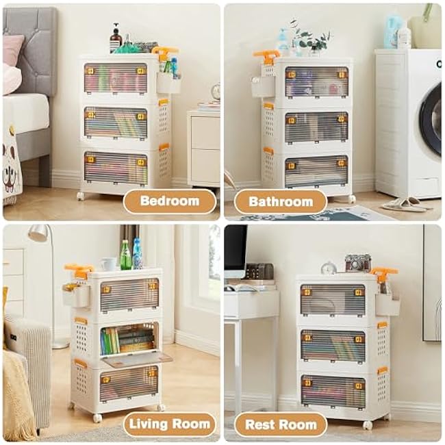 44 Qt Foldable Stackable Heavy Duty Storage Bins with Lids & Doors, 3 Tier Storage Organizer Bins, Storage Box, Storage Containers for Bedroom, Living Room, Study Office Organization and Storage