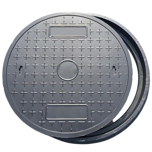 マンホール、マンホール蓋、雨水マス 蓋、浄化槽 蓋、雨水 蓋 耐圧、丸型マンホール蓋とフレーム、樹脂製埋め込み式浄化槽蓋(ベース付き)、庭用開閉式汚水桝蓋、滑り止め加工済み(50cm/20in)