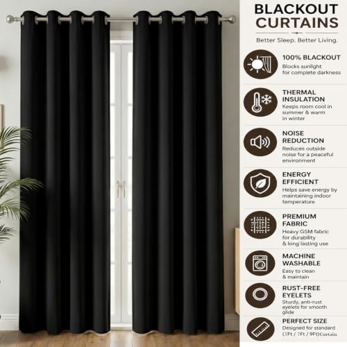 Image of 100% Blackout Window Curtains, 7 Feet, Solid Design, Faux Silk, Thermal Insulated, Noise Reducing Eyelet Door Curtain with Tie Back for Living Room & Bedroom, 115x210cm, Pack of 1 - Black