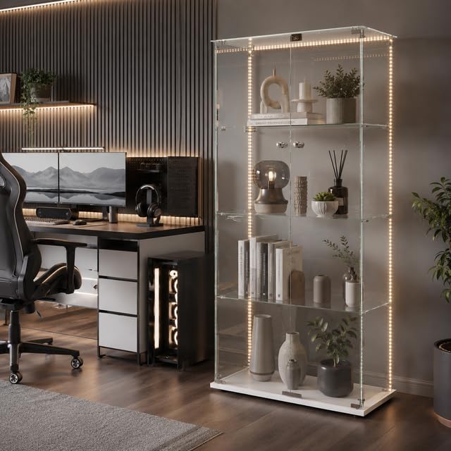 Vitrina de Cristal con LED y Cerradura, Armario Vitrina 78,5 x 35 x 163 cm, Vitrinas de Exposición de 4 Niveles con Estantes Regulables, Mueble Vitrina para Salón, Oficina, Figuras y Libros,Blanco-D