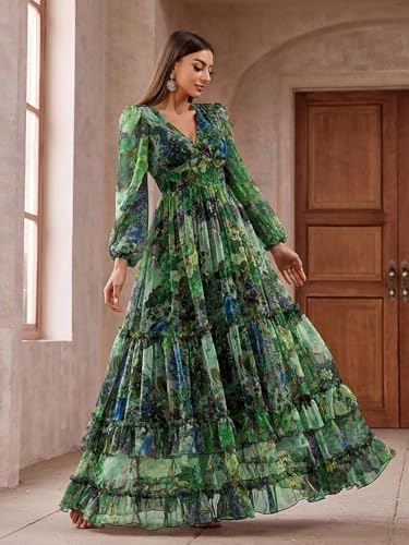 Image of TOLEEN Summer Casual Dresses for Women 2024 Spring Fashion Boho V Neck Long Sleeve Ruffle Floral Print Elegant Maxi Dress